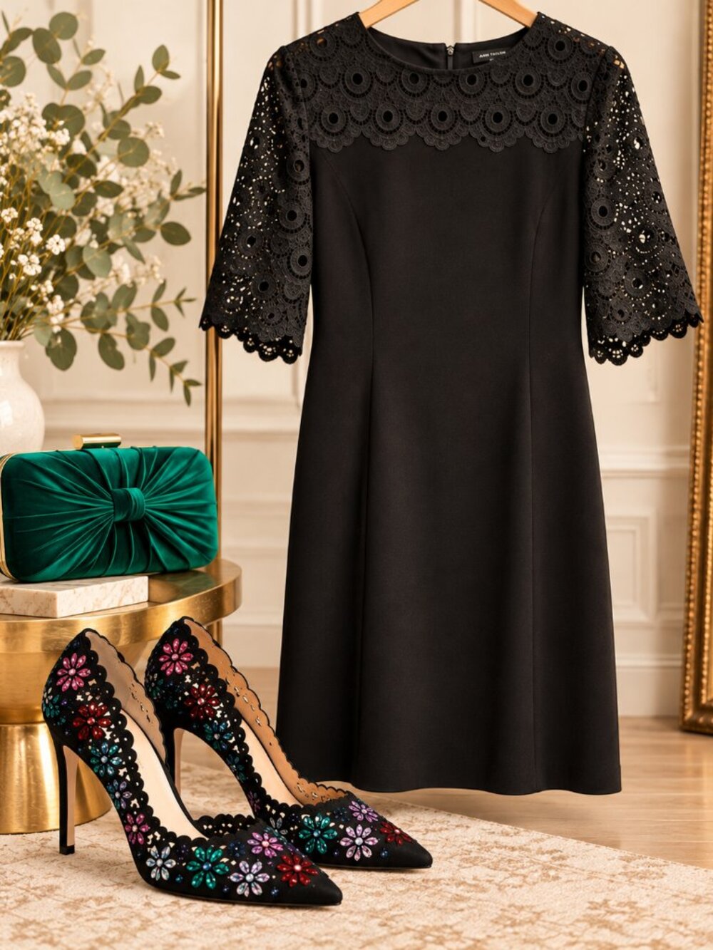 Ann Taylor Black Lace Crochet Shift Dress Size 14 Scalloped Sleeve LBD